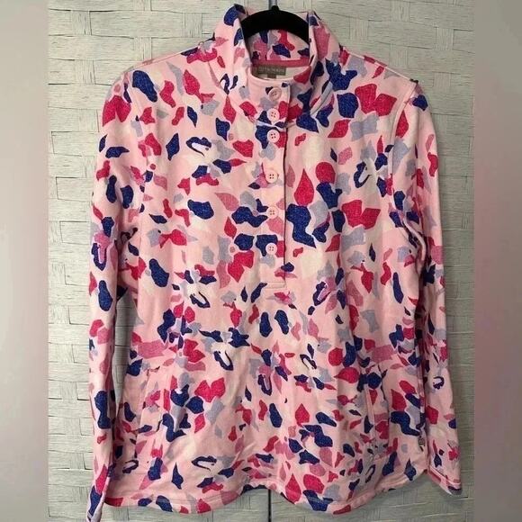 T By Talbots Pink Blue Abstract Pint Button Shirt Long Sleeve size Large - Picture 1 of 6